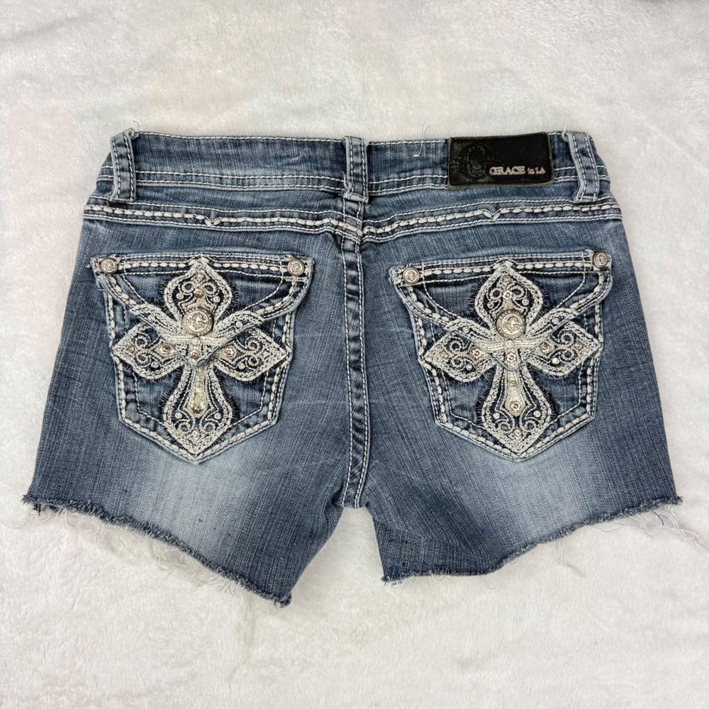 Grace in LA Embroidered Cross Cut Off Denim Shorts 26 Embellished Low Rise
